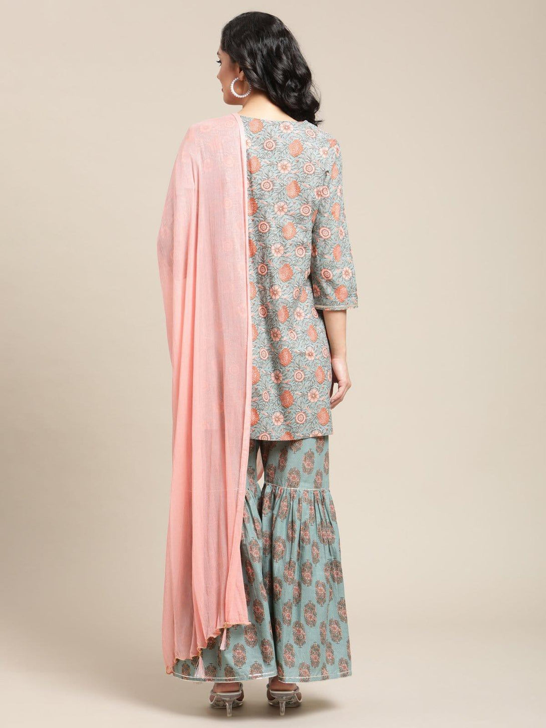 Floral Printed Kurta With Gota Highlighted Placket And Paired With Sharara And Solid Dupatta - Indiakreations