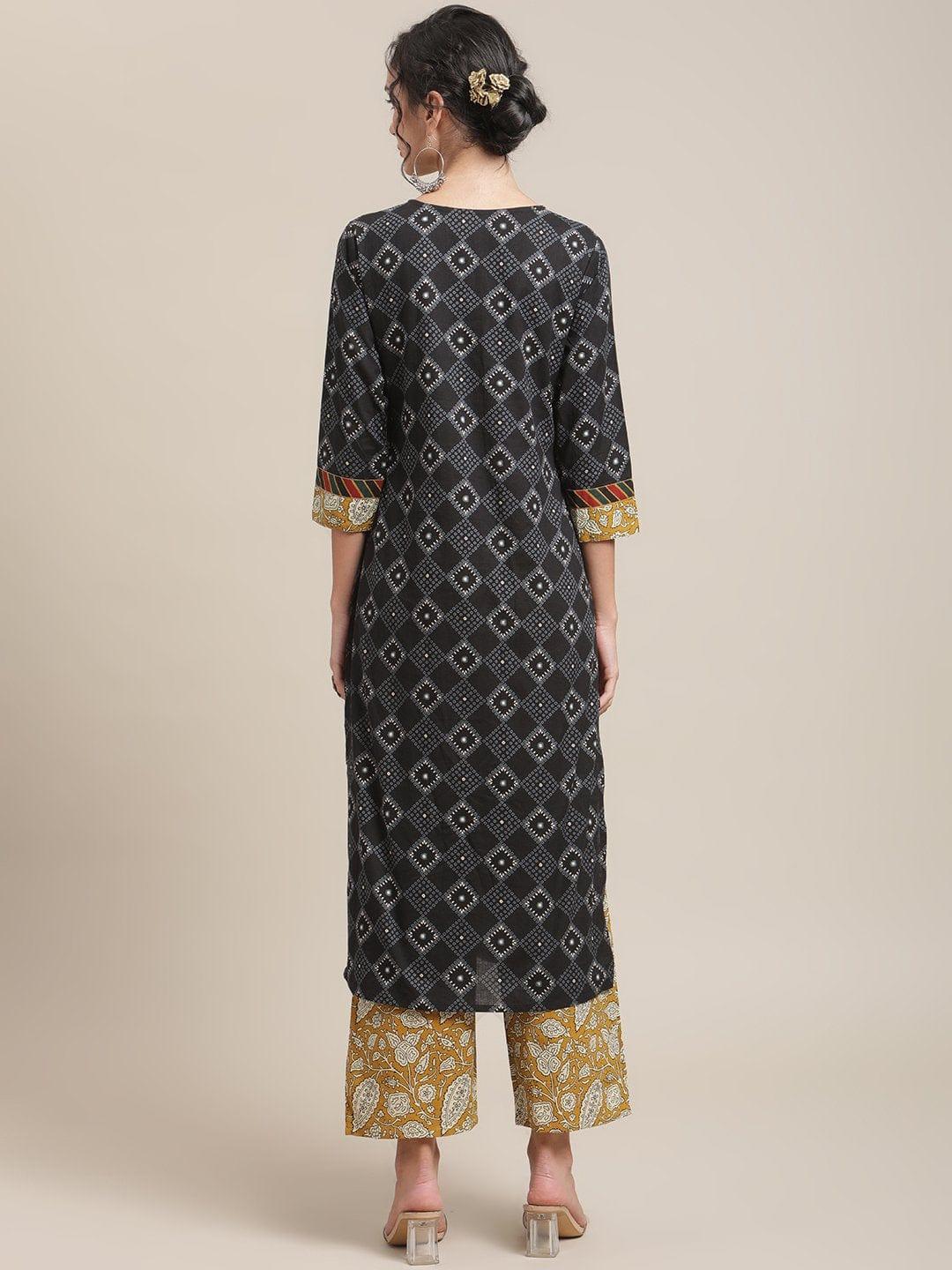 Black And Mustard Printed Kurta With Yoke Design And Paired With Straight Trouser - Indiakreations