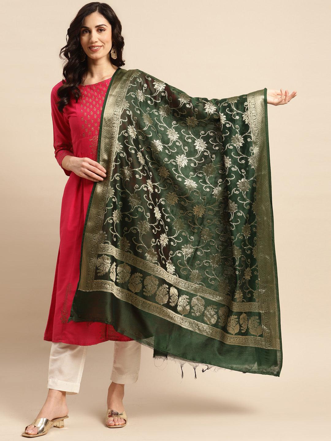 Women's Green Color Ethnic Motifs Woven Design Dupatta With Zari - Varanasi - Indiakreations