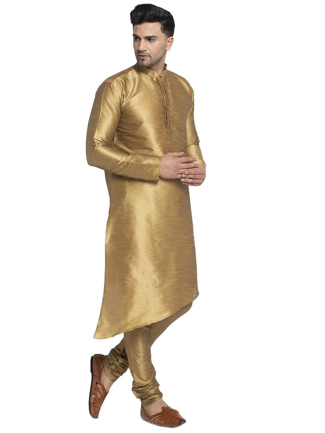 Men's Copper Solid Asymmetric Kurta With Churidaar Pyjama - Benstoke - Indiakreations