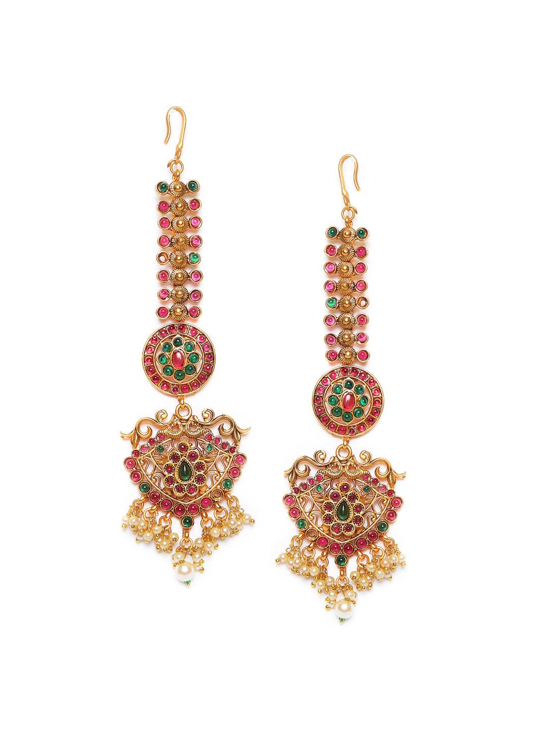 Women's Gold-Plated & Ruby & Emerald Kemp Stones Pearls Maang Tikka - Jazz and Sizzle - Indiakreations