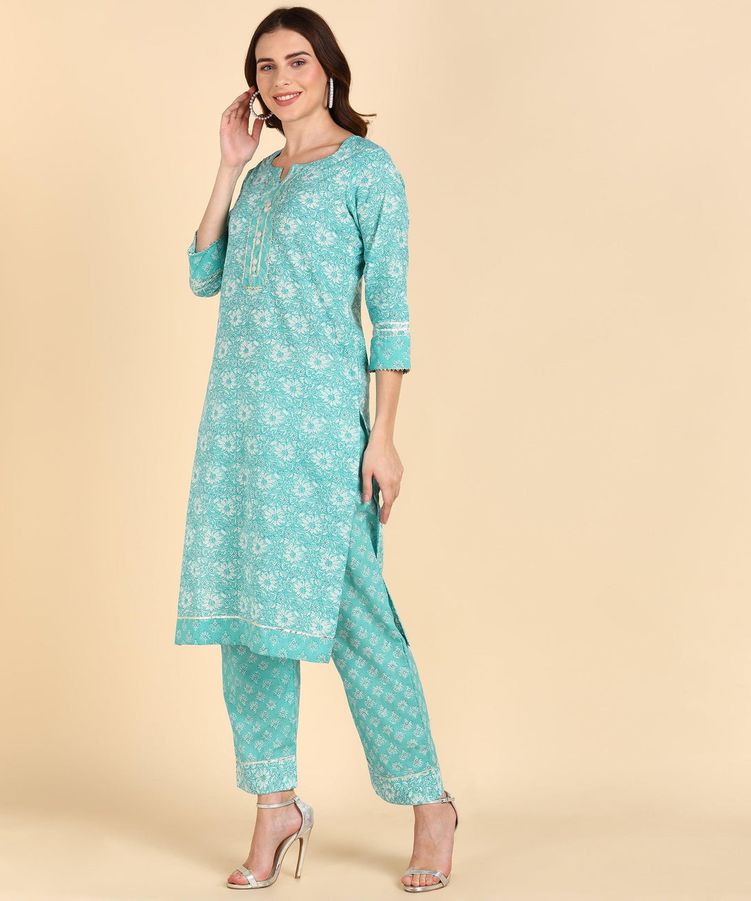 Women's Cotton Turqoise Printed Kurta With Pant - Noz2Toz - Indiakreations