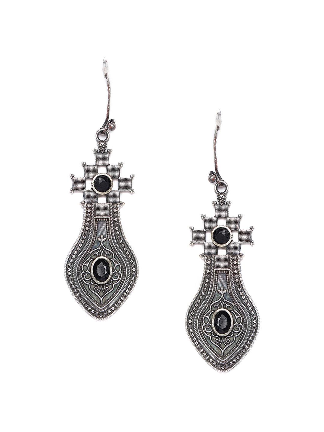 Women's Black stone studded & Silver-Toned Contemporary Drop Earrings - Jazz and Sizzle - Indiakreations