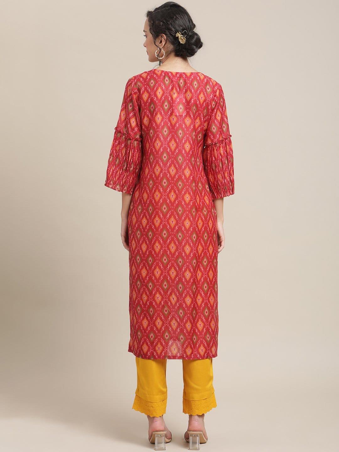 Red Ikat Printed Round Neck Kurta With 3/4Th Pleated Sleeve - Indiakreations