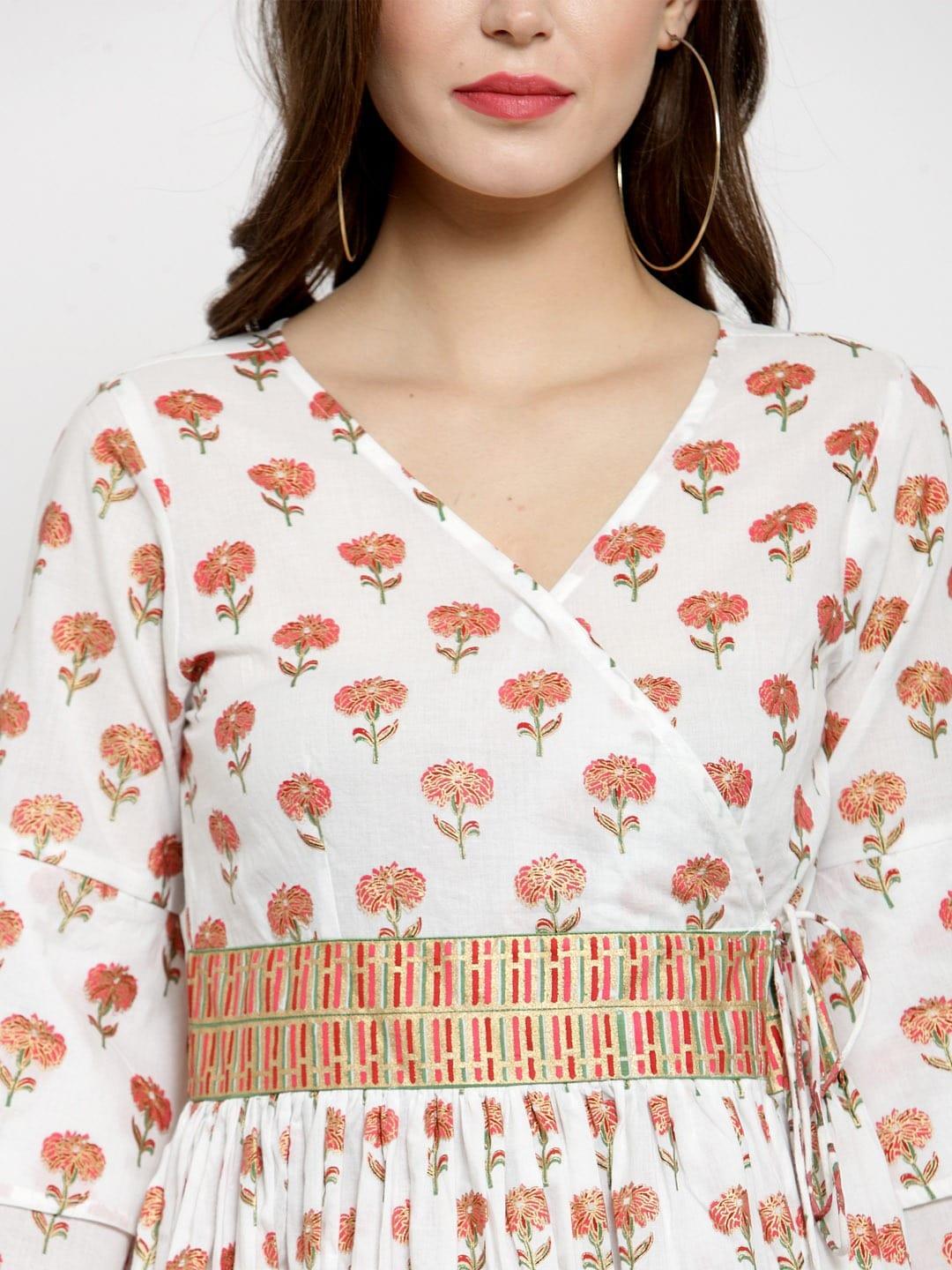 White & Red Floral Printed Wrap Dress - Indiakreations