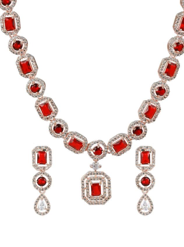 Women's Red American Diamond Rose Gold-Plated &Cz Studded Jewellery Set - Jazz And Sizzle - Indiakreations