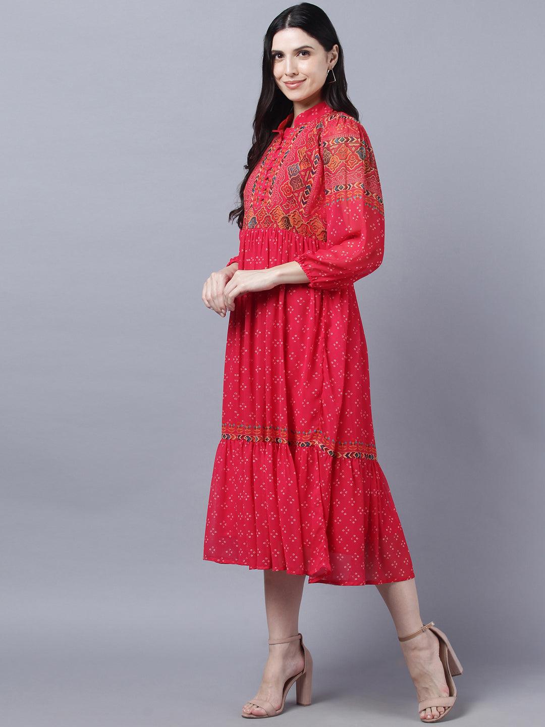 Women's Stylish Red 3/4 Sleeve Dress - Myshka - Indiakreations