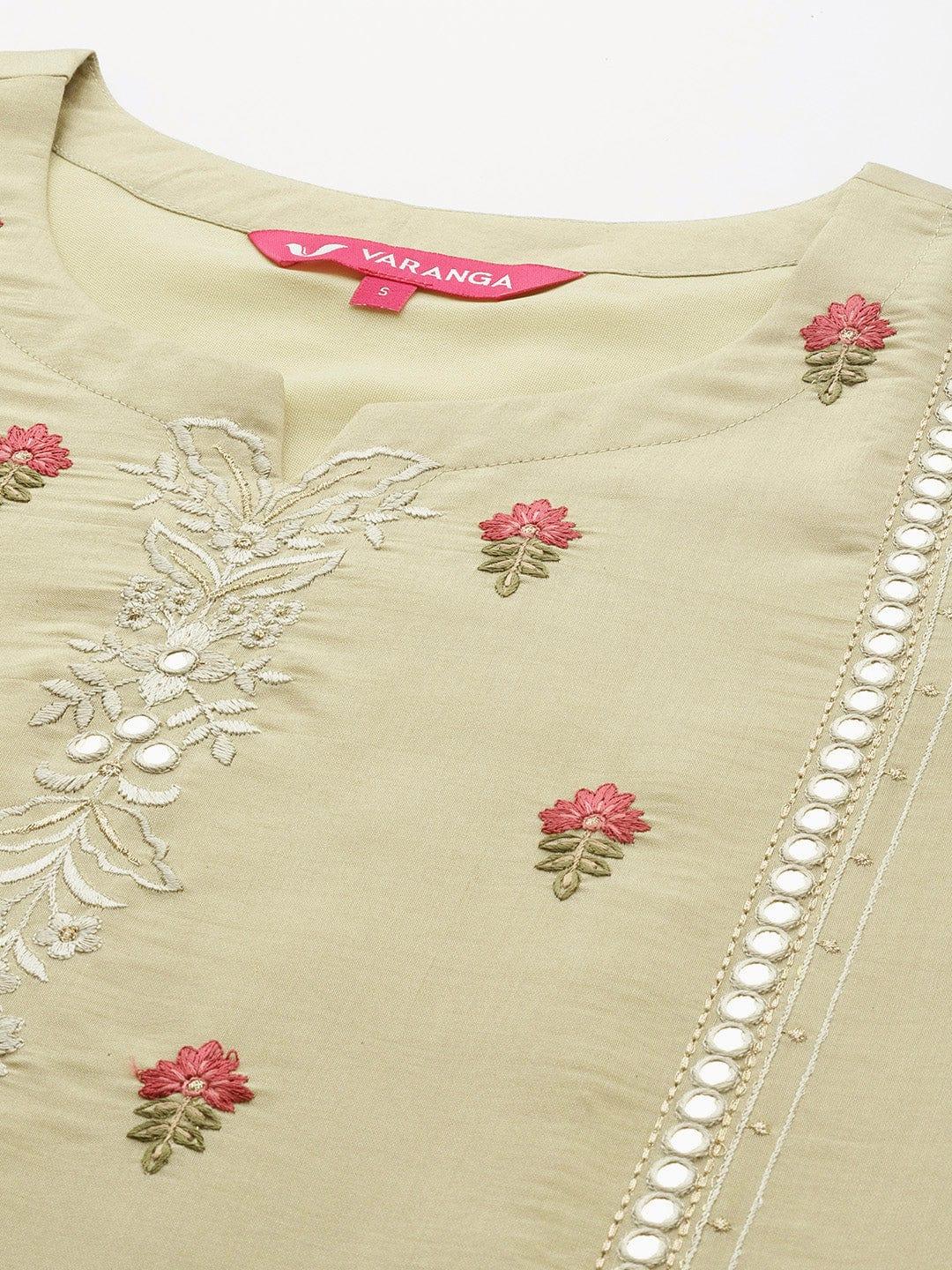 Varanga Floral Embroidered Mirror Work Kurta with Trousers & Dupatta - Indiakreations