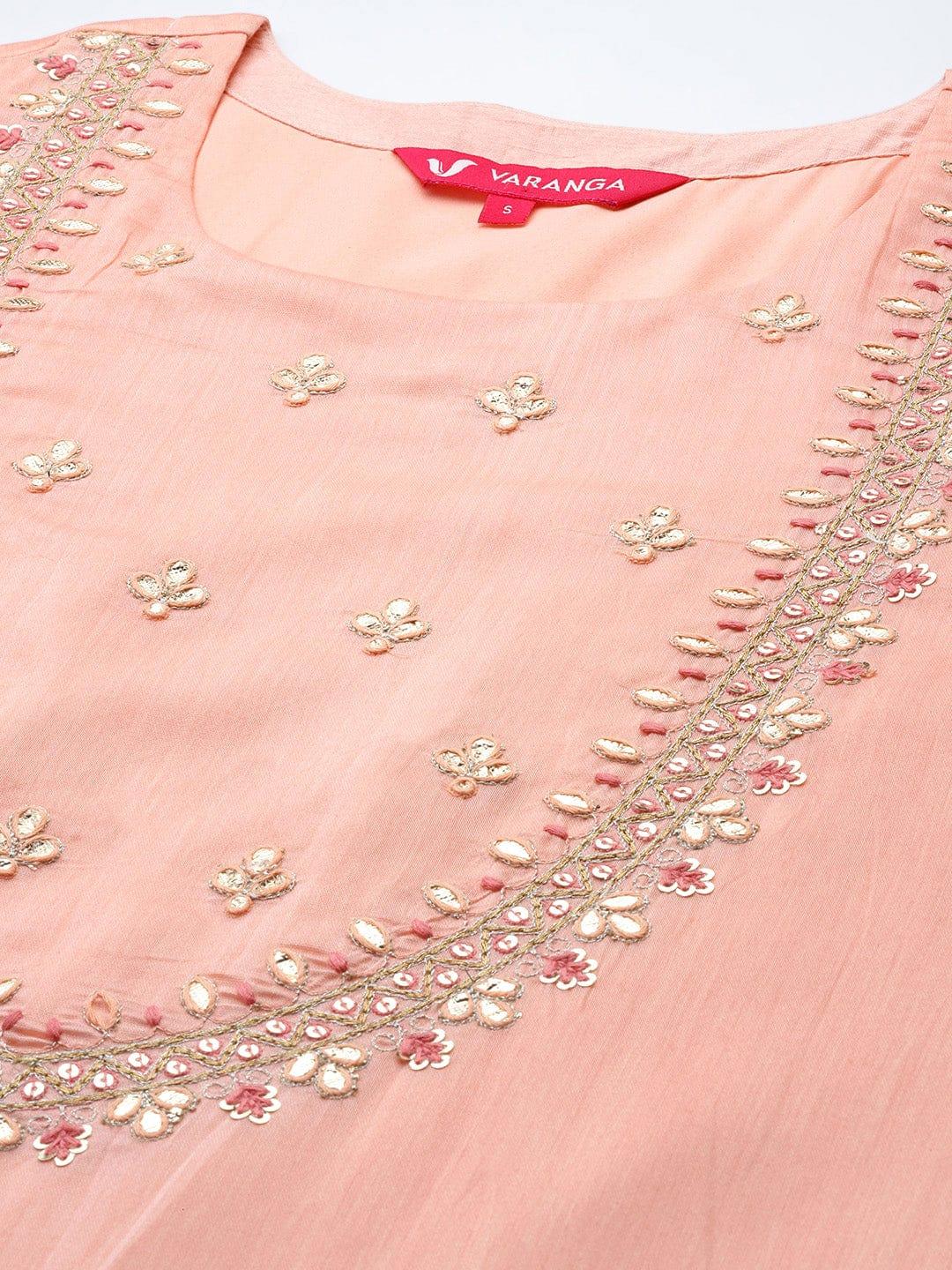 Varanga Women Peach-Coloured Ombre Yoke Design Sequinned Kurta with Trousers & Dupatt - Indiakreations