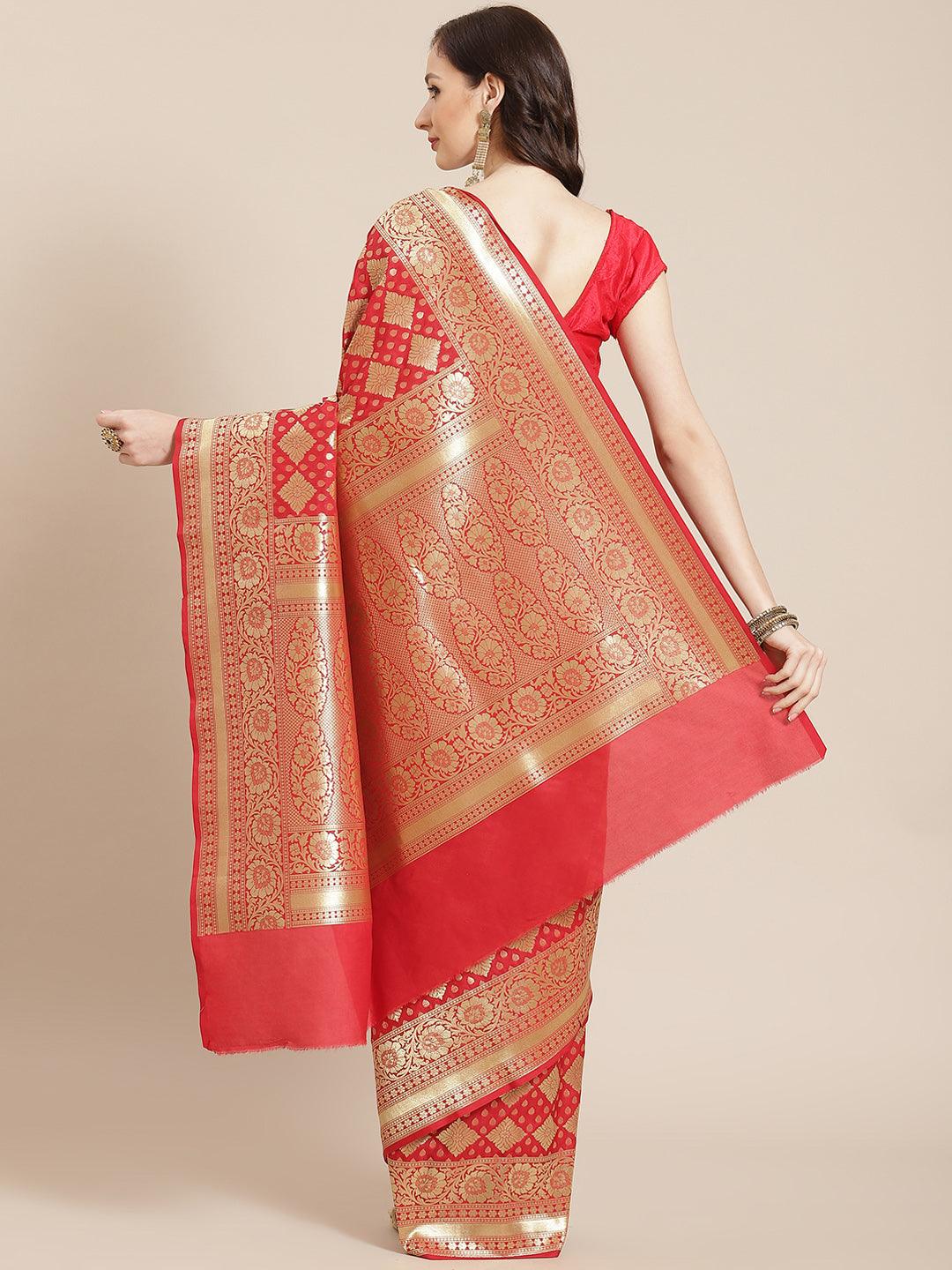 Women's Red Semi Silk Zari Woven Saree - Varanasi - Indiakreations