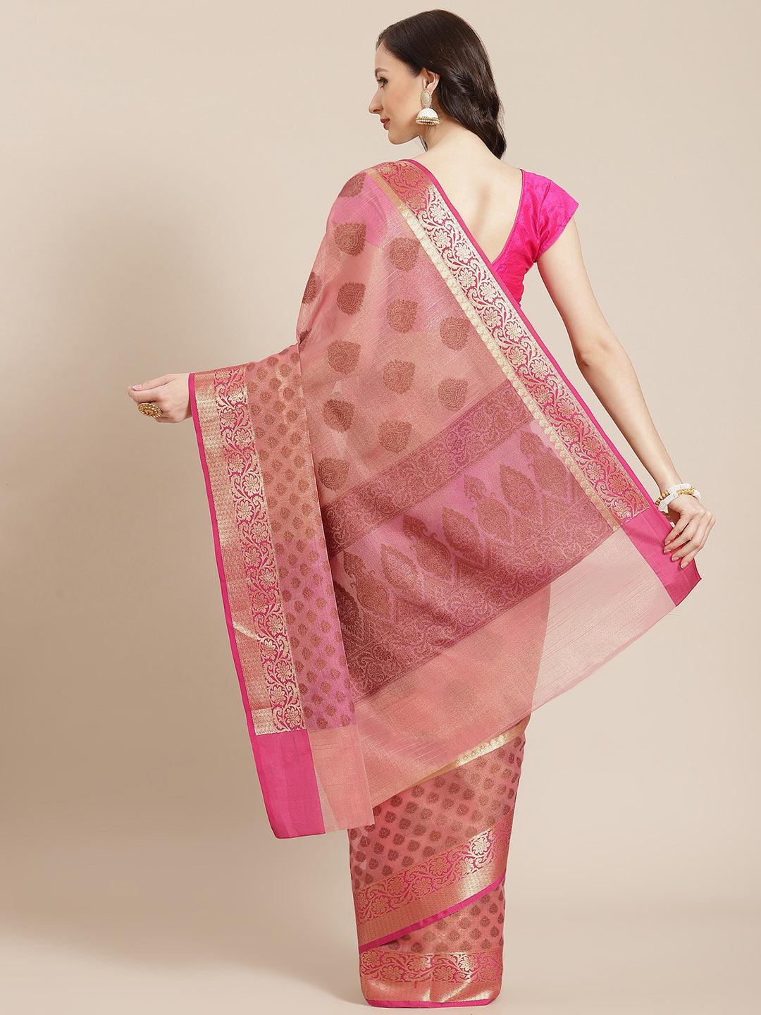 Women's Peach Cotton Silk Saree - Varanasi - Indiakreations