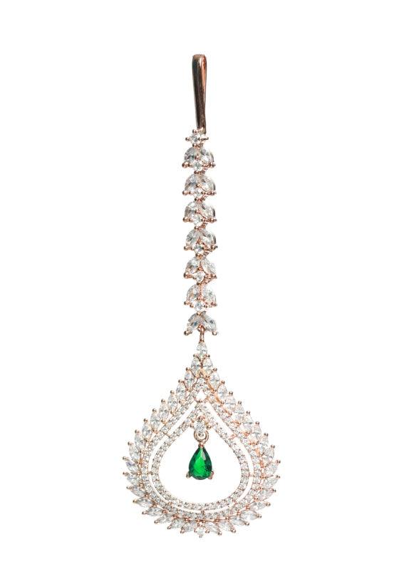 Women's Rose Gold-Plated Green Ad-Studded Handcrafted Maang Tikka - Jazz And Sizzle - Indiakreations