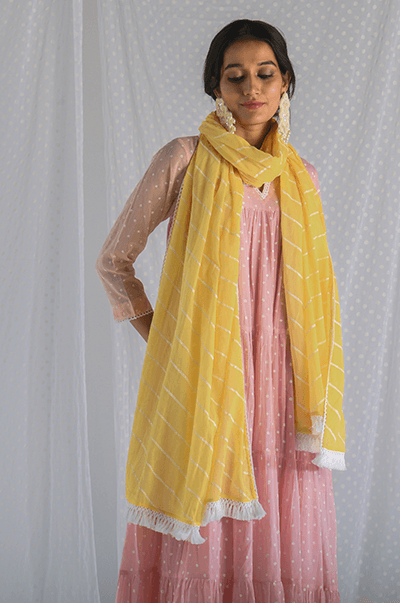 Chhaya Soft Pink Dot Printed Anarkali with Pant and Lehariya Dupatta- Set of 3 - Indiakreations