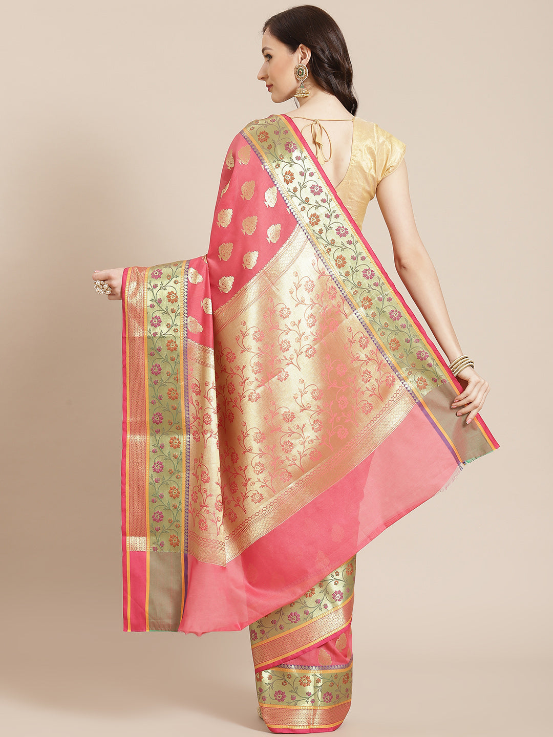 Women's Pink Silk Jaamdani Cutwork Saree - Varanasi - Indiakreations