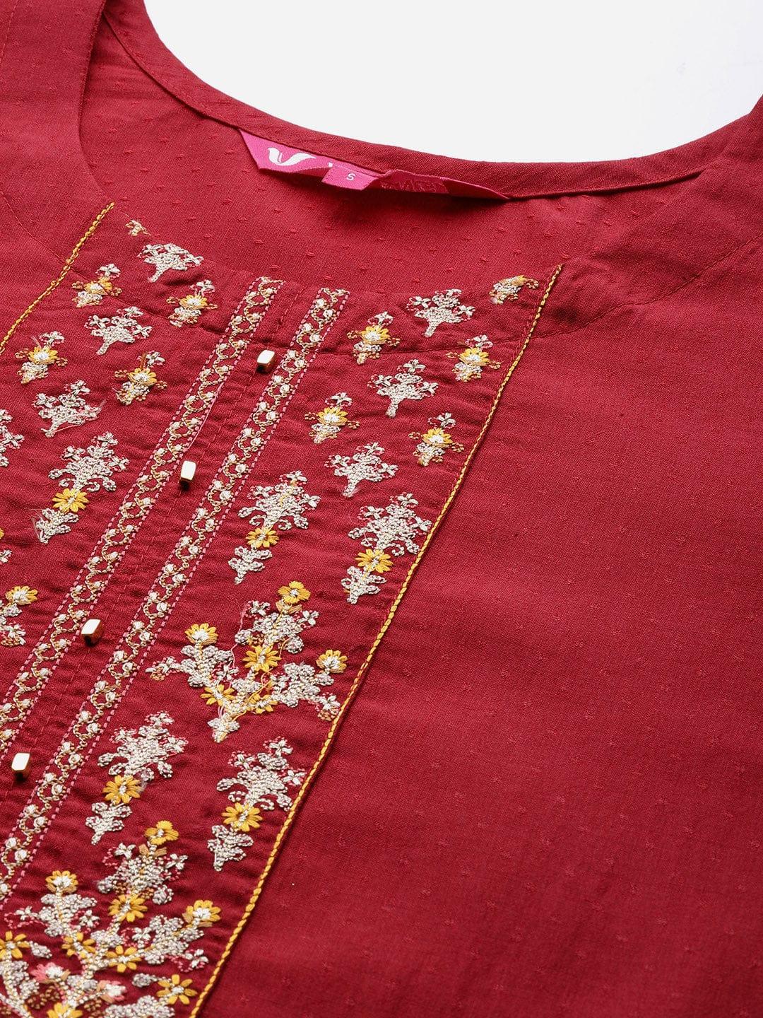 Varanga Women Maroon & Beige Floral Embroidered Thread Work Kurta with Trousers & Dupatta - Indiakreations