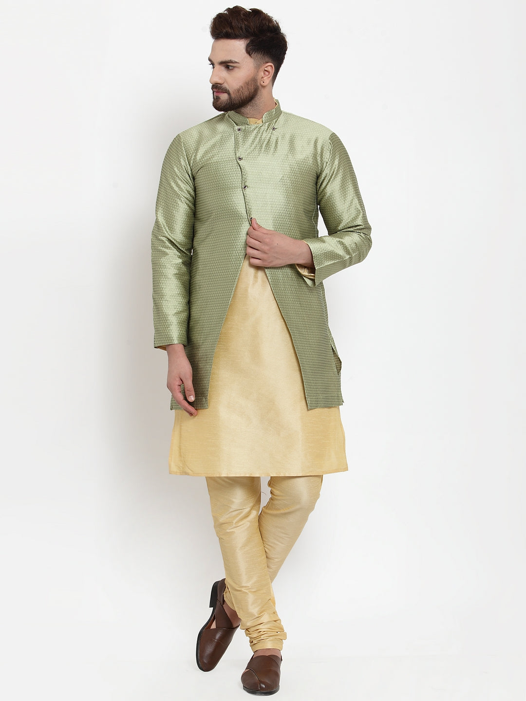 Men's Gold Kurta With Pyjama & Beige Self Design Jacket - Benstoke