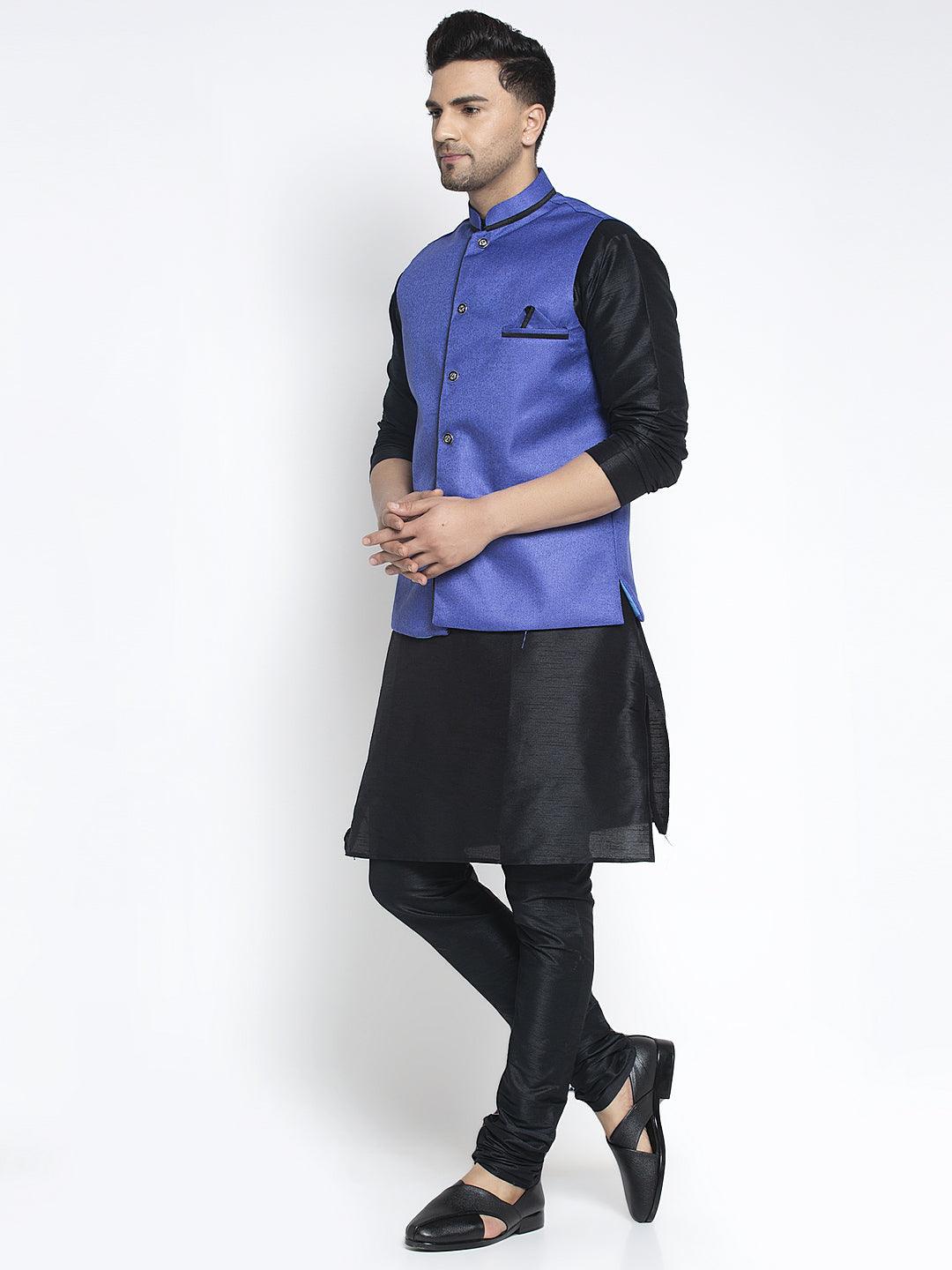 Men's Silk Blend Black Kurta With Pyjama & Royal Blue Nehru Jacket - Benstoke - Indiakreations