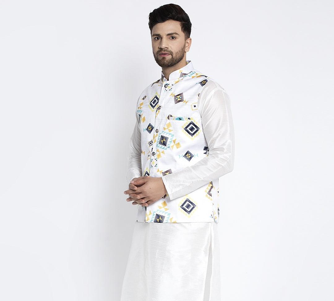 Men's White & Multi Printed Nehru Jacket - Benstoke - Indiakreations