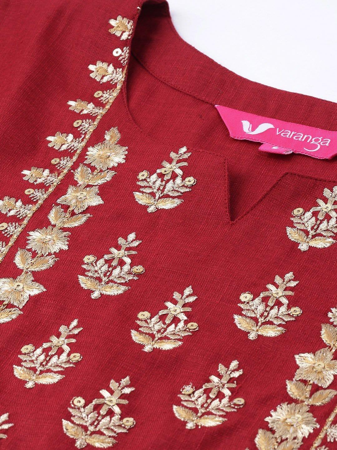 Women Maroon & Off-White Embroidered Yoke Design Kurta With Trousers - Indiakreations