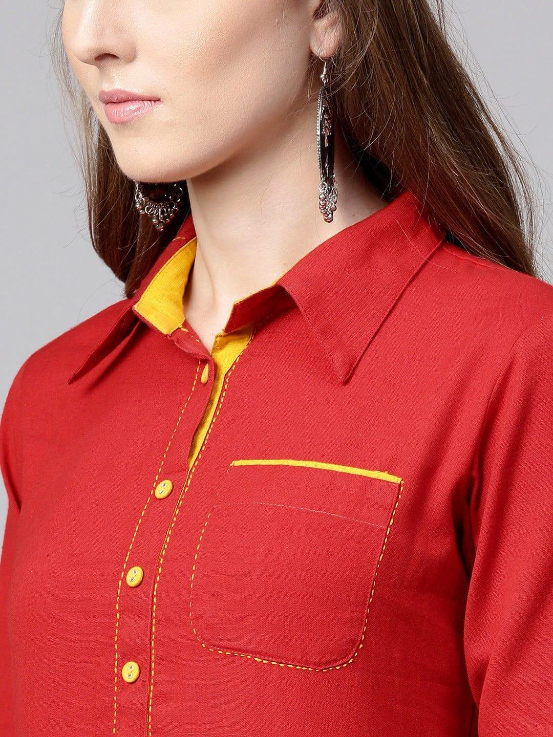 Red Solid Shirt Dress - Indiakreations