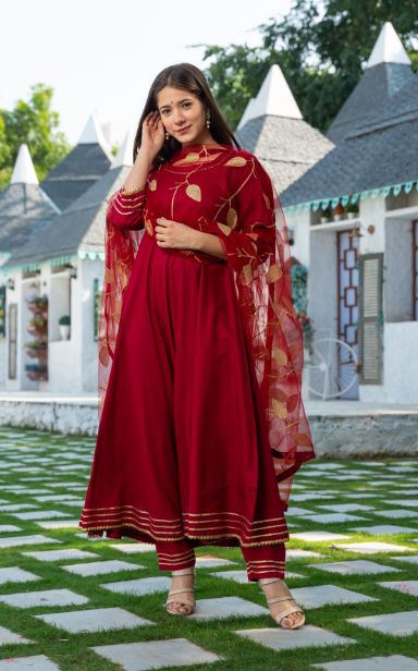 Women's Maroon Kurta Dupatta Set