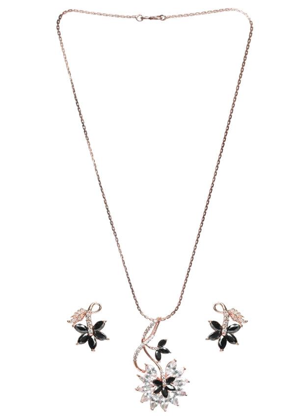 Women's Black American Diamond Rose Gold Pendant & Earring Set - Jazz And Sizzle - Indiakreations