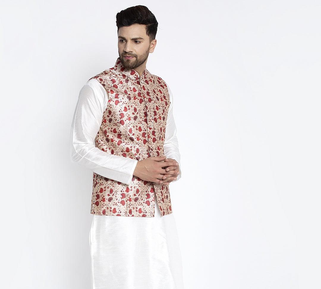 Men's Cream & Red Printed Nehru Jacket - Benstoke - Indiakreations