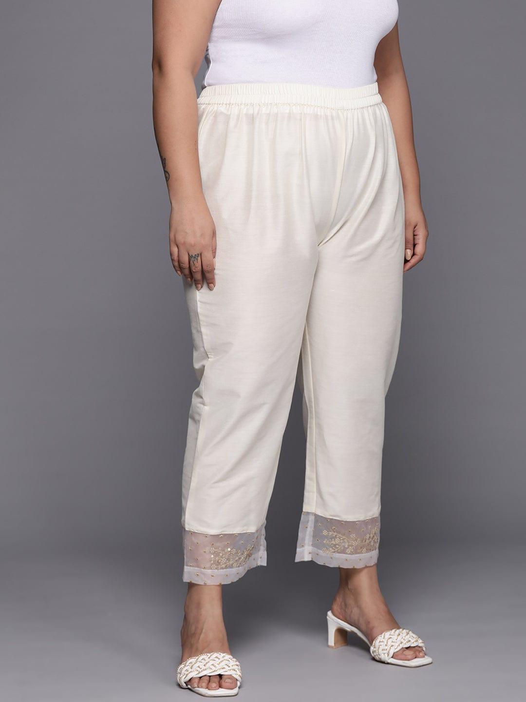 Varanga Women Plus Size Off White Floral Embroidered Cropped Trousers - Indiakreations