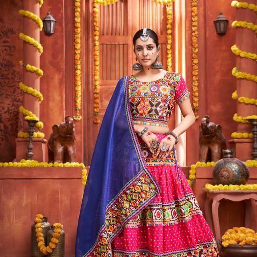 Trendy Pink And Blue Colored Gamthi Cotton Silk Navratri Lehenga Choli - Indiakreations