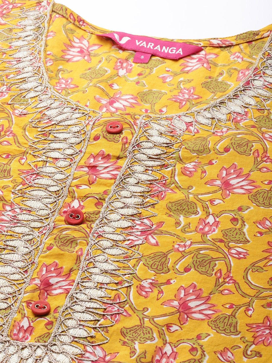 Varanga Women Mustard Yellow & Green Ethnic Motifs Printed Gotta Patti Indie Prints Kurta - Indiakreations