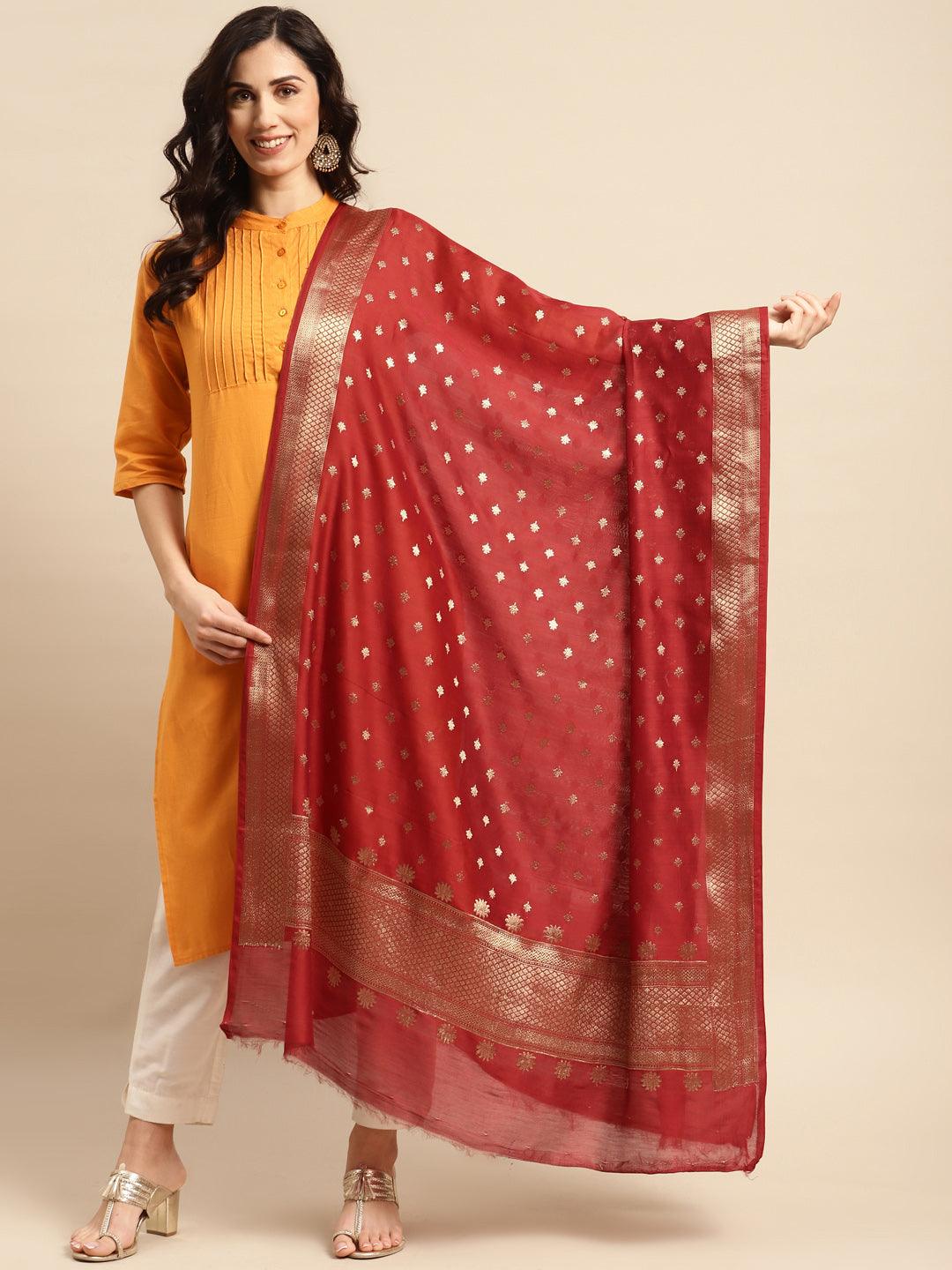 Women's Red Color Ethnic Motifs Woven Design Dupatta With Zari - Varanasi - Indiakreations