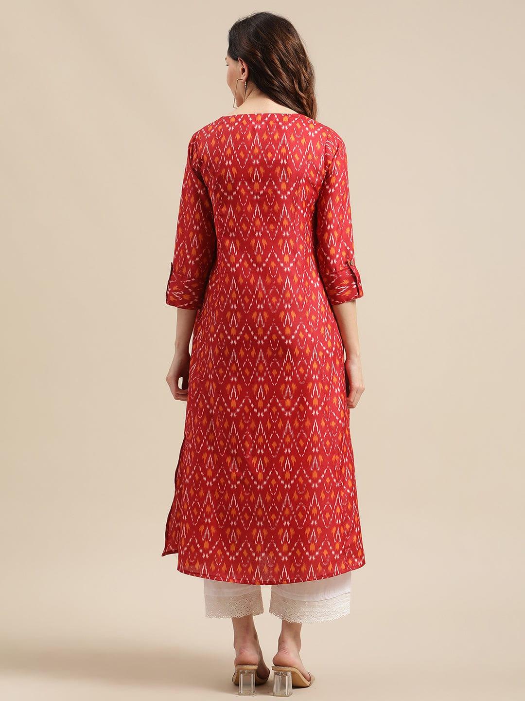 Rust Ikat A-Line Kurta With Center Buttoned Placket with white shifflie palazzo - Indiakreations