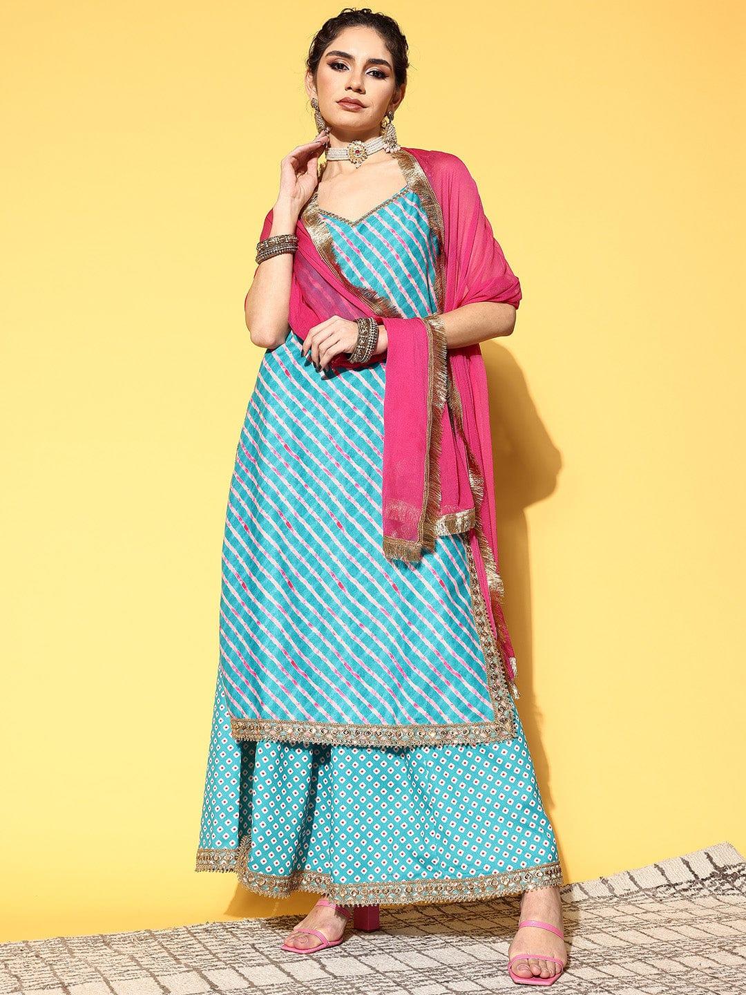 Varanga Women Turquoise Blue Leheriya Striped Mirror Work Kurta with Palazzos & Dupatta - Indiakreations