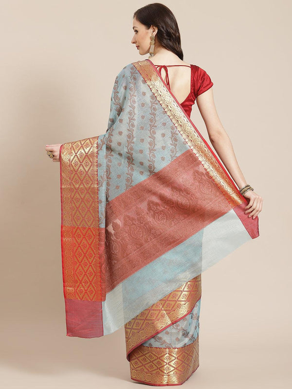 Women's Blue Cotton Silk Saree - Varanasi - Indiakreations