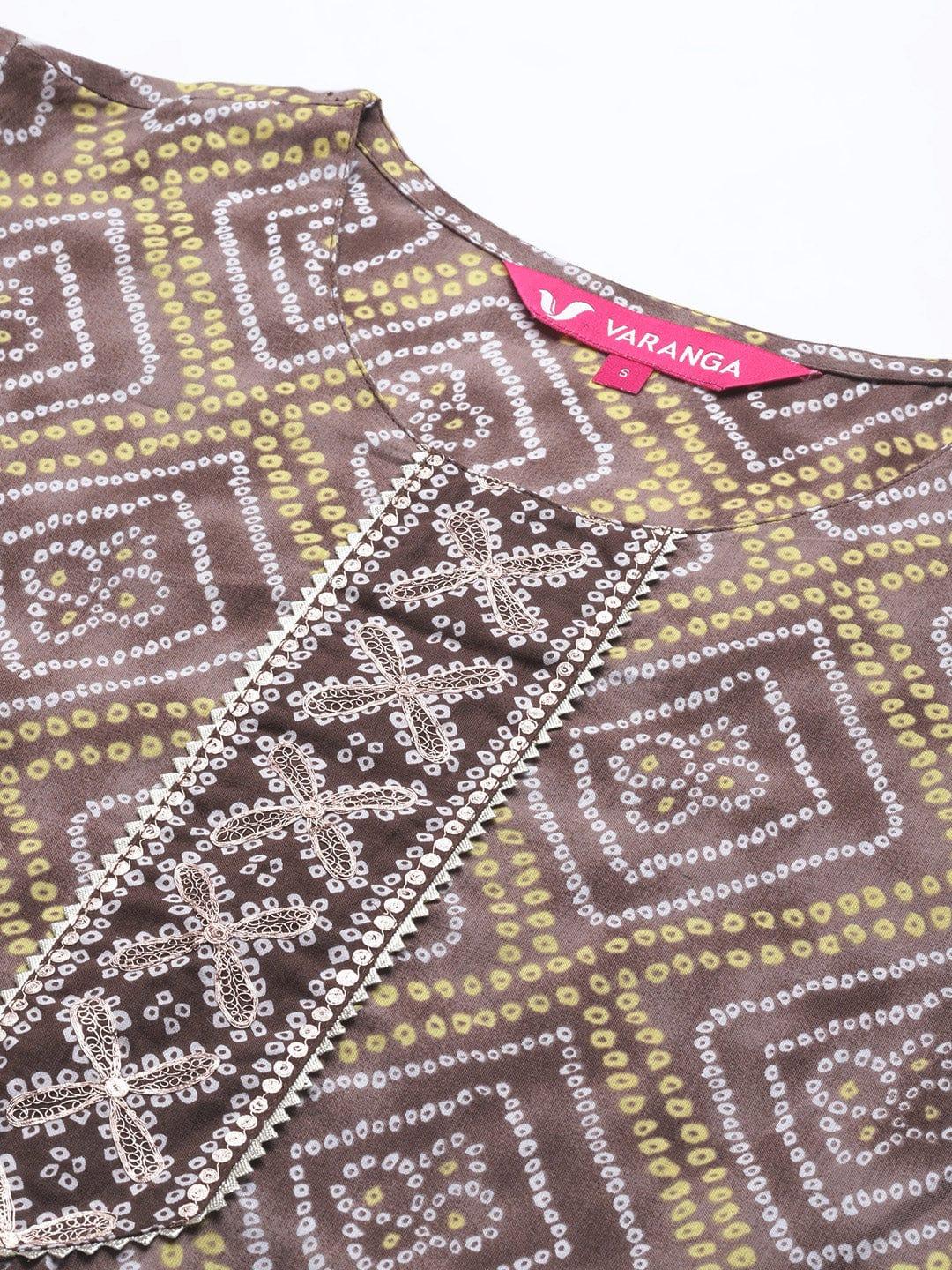 Varanga Women Brown Bandhani Printed Gotta Patti Pure Cotton Kurta with Palazzos & With Dupatta - Indiakreations