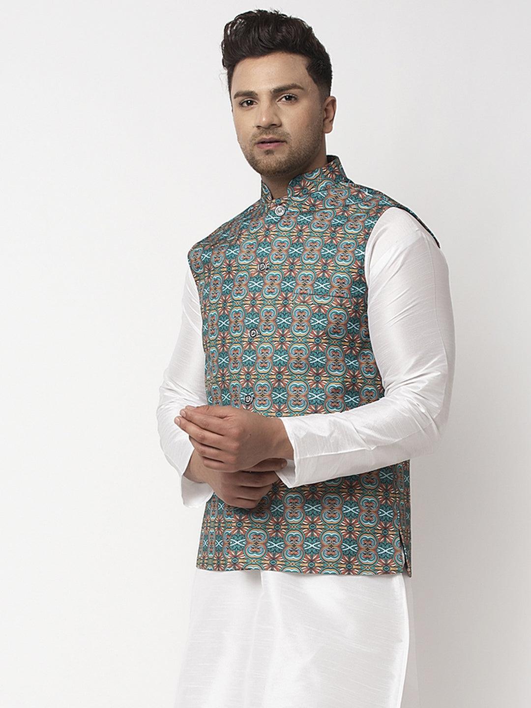 Men's Teal Blue & Multi Printed Nehru Jacket - Benstoke - Indiakreations