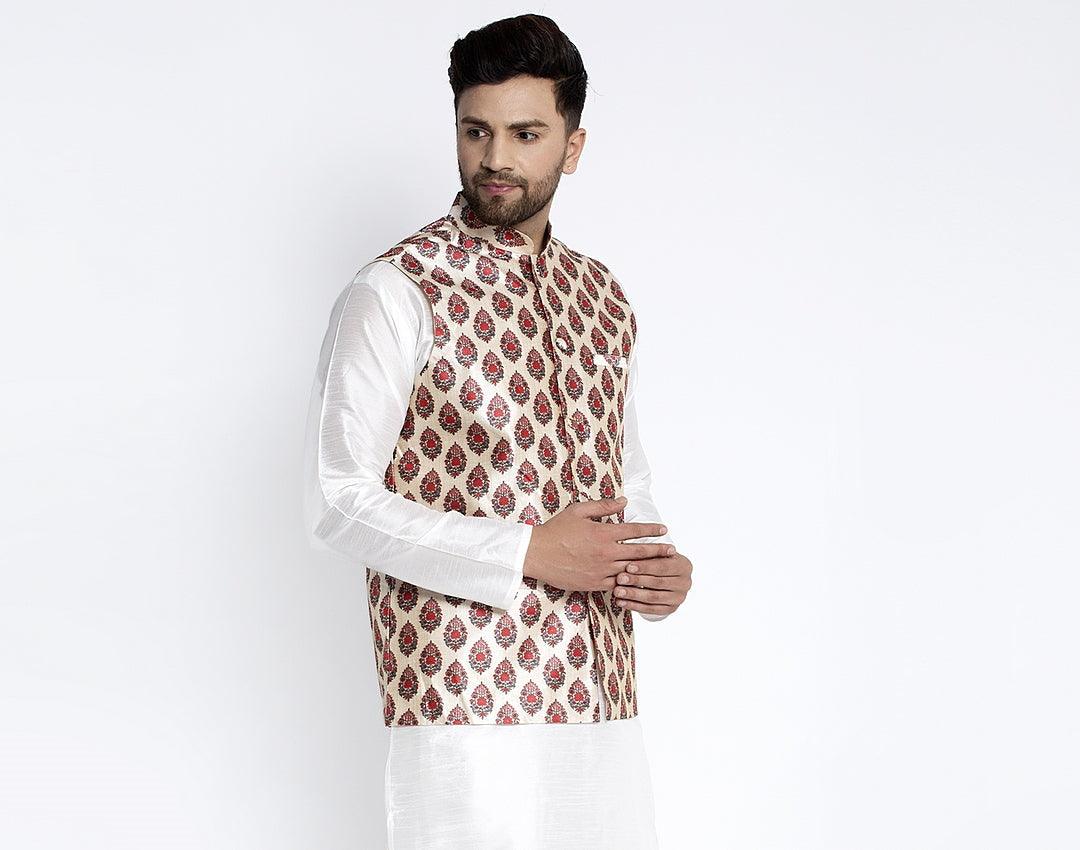 Men's Cream & Red Printed Nehru Jacket - Benstoke - Indiakreations