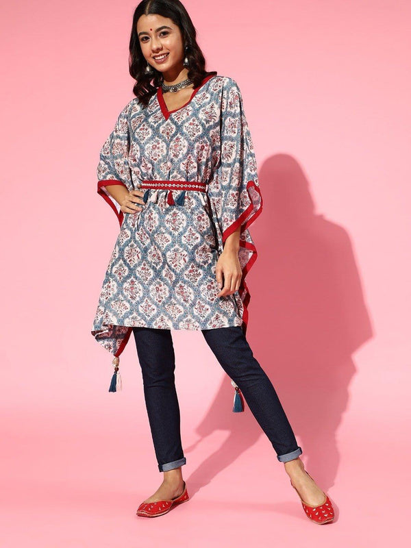 Blue Printed Kaftan With Embroidered Belt - Indiakreations