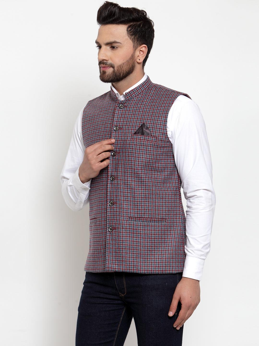 Men's Dhrohar Premium Wool Nehru Jacket - Red And Blue - Size - 38 - Neudis Men - Indiakreations