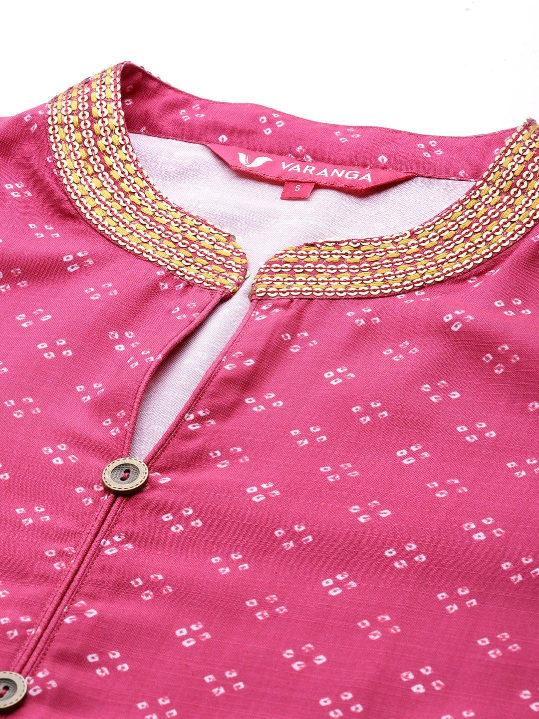 Varanga Women Pink Bandhani Printed Sequinned Kurta with Trousers - Indiakreations