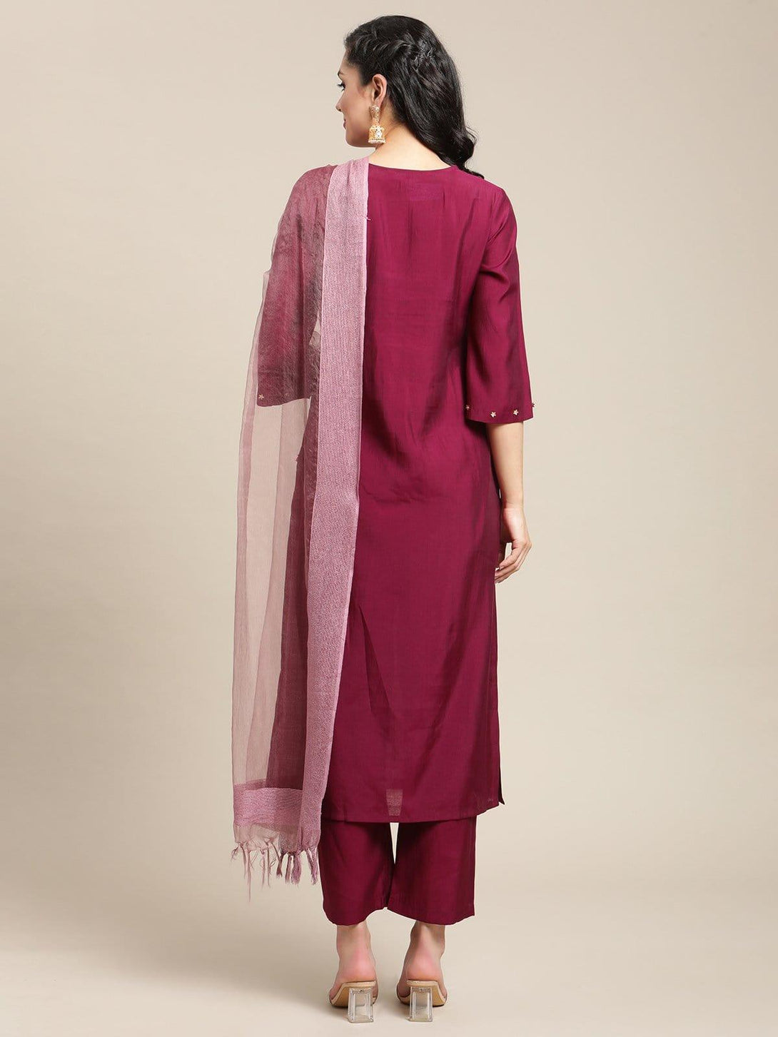 Wine Zari And Resham Yoke Embroidery Kurta Trouser Set With Mauve Silk Dyed Dupatta - Indiakreations