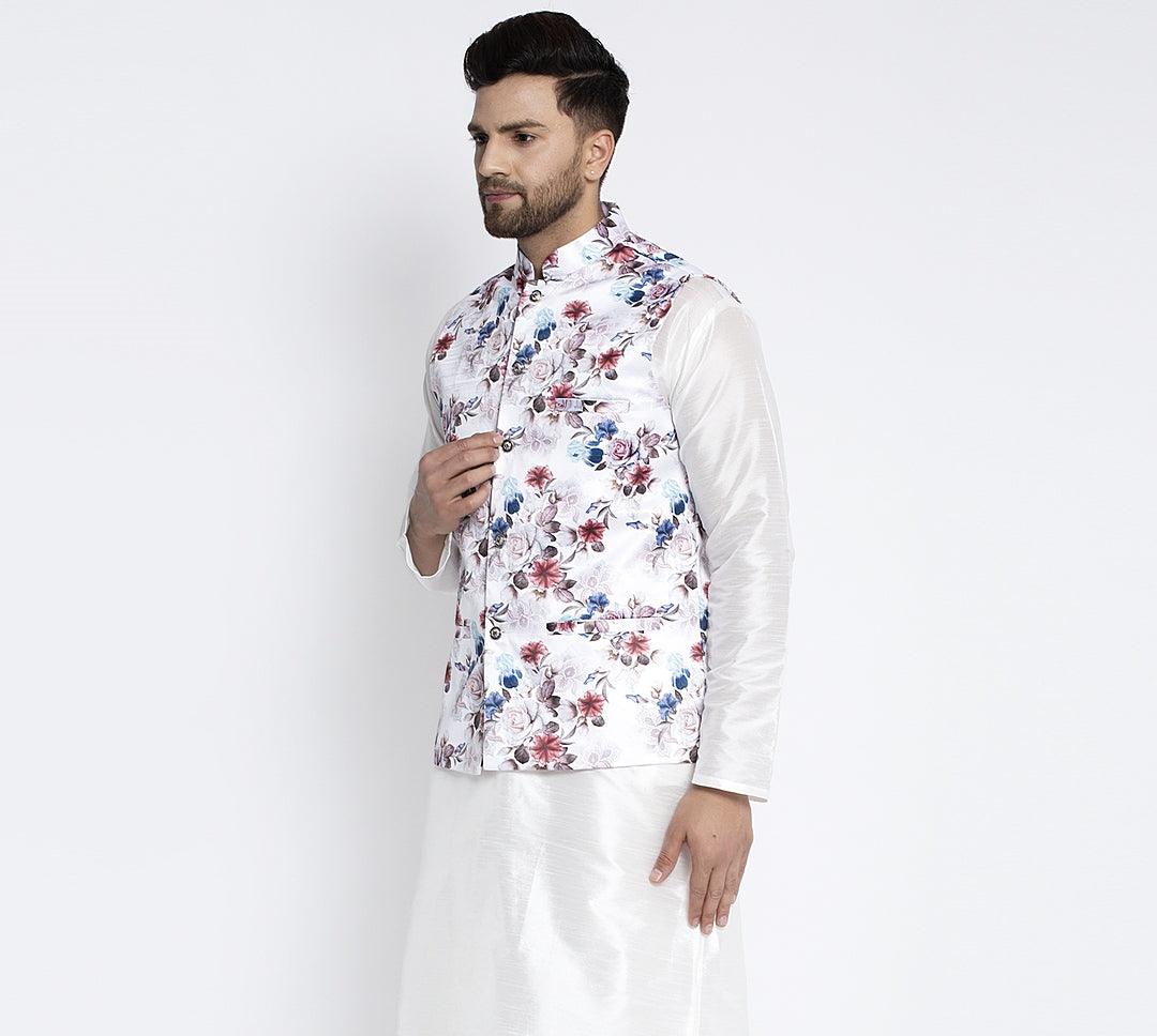 Men's White & Multi Printed Nehru Jacket - Benstoke - Indiakreations