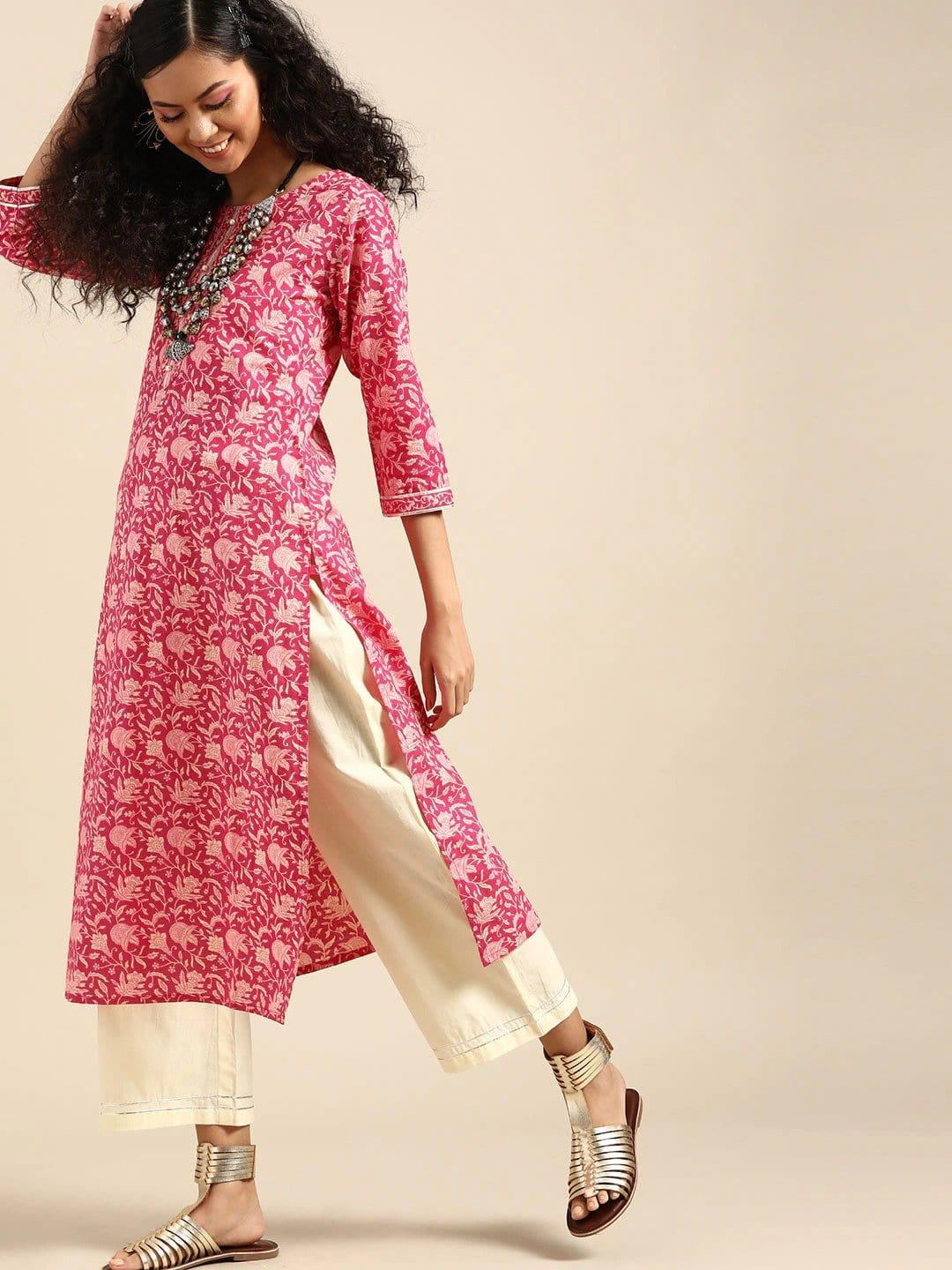 Pink & Cream-Coloured Printed Kurta with Trousers - Indiakreations