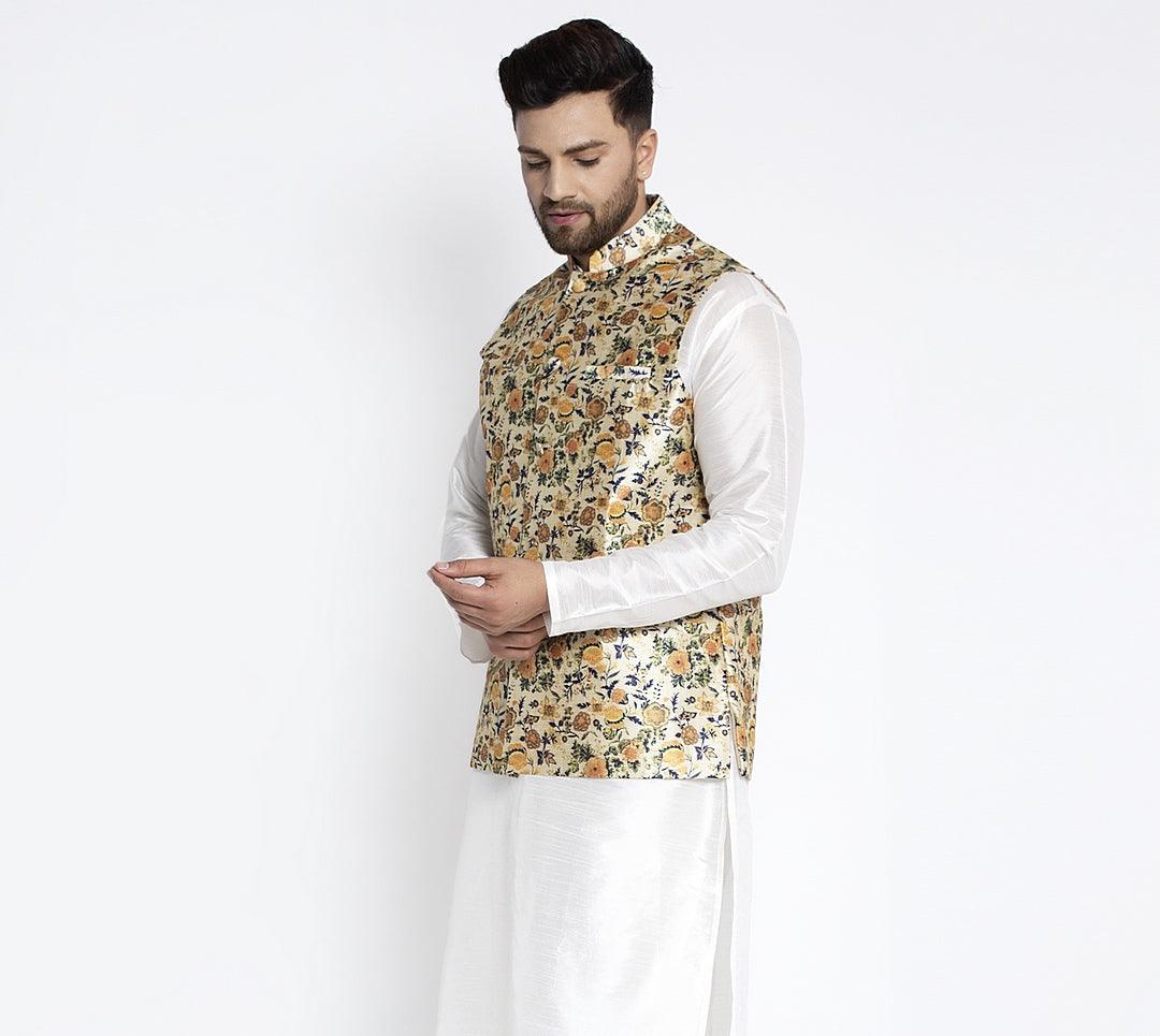 Men's Lime Green & Multi Printed Nehru Jacket - Benstoke - Indiakreations