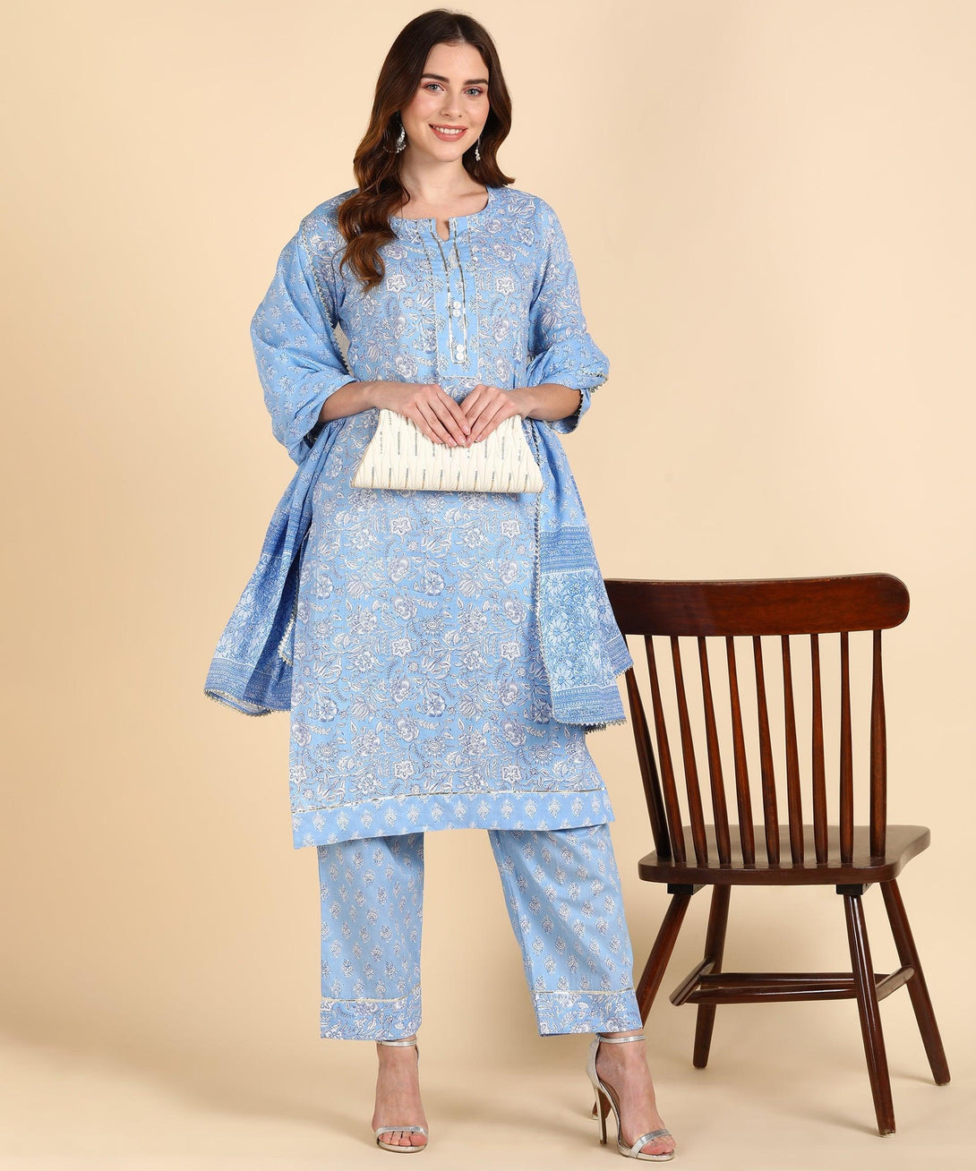 Women's Cotton Blue Printed Kurta Pant With Dupatta - Noz2Toz - Indiakreations