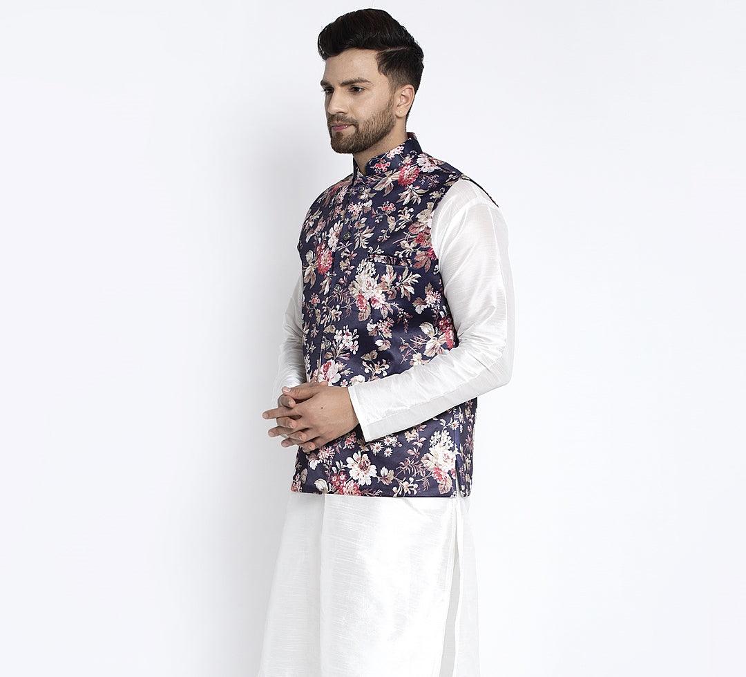 Men's Navy Blue & Multi Printed Nehru Jacket - Benstoke - Indiakreations