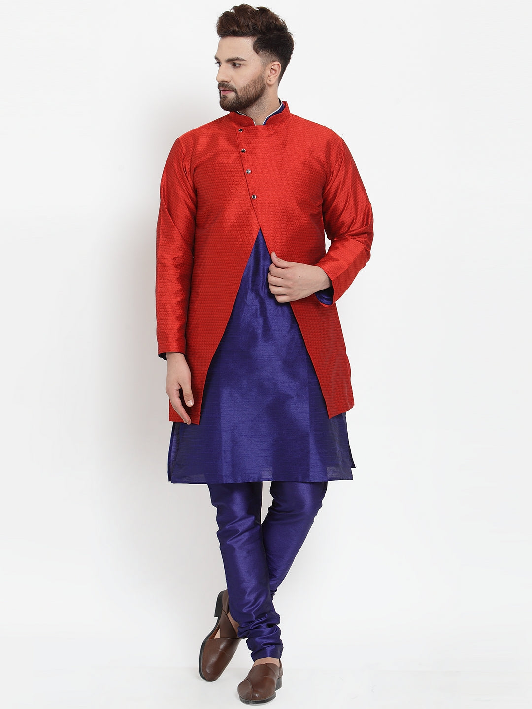 Men's Royal Blue Kurta With Pyjama & Red Self Design Jacket - Benstoke