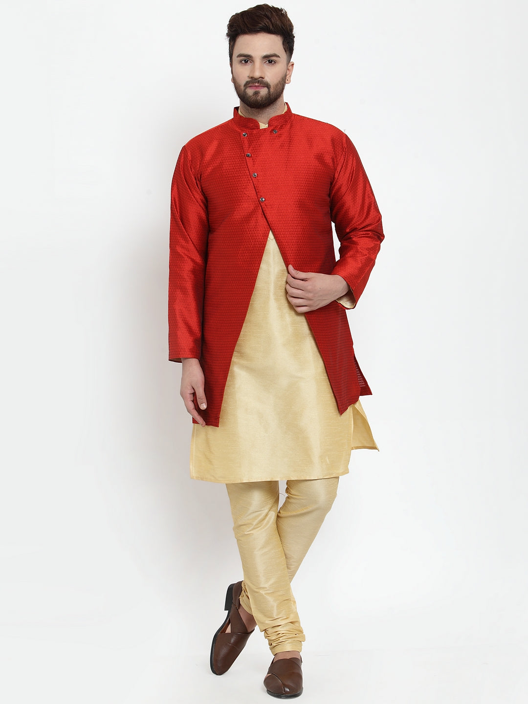 Men's Gold Kurta With Pyjama & Red Self Design Jacket - Benstoke