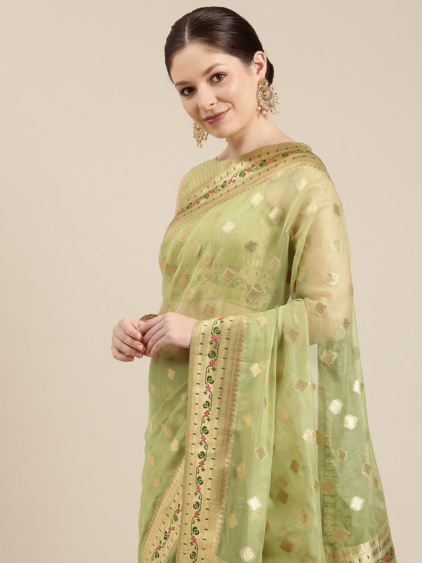 Women's Lime Green & Golden Organza Paisley Zari Woven Banarasi Saree - Panchhi