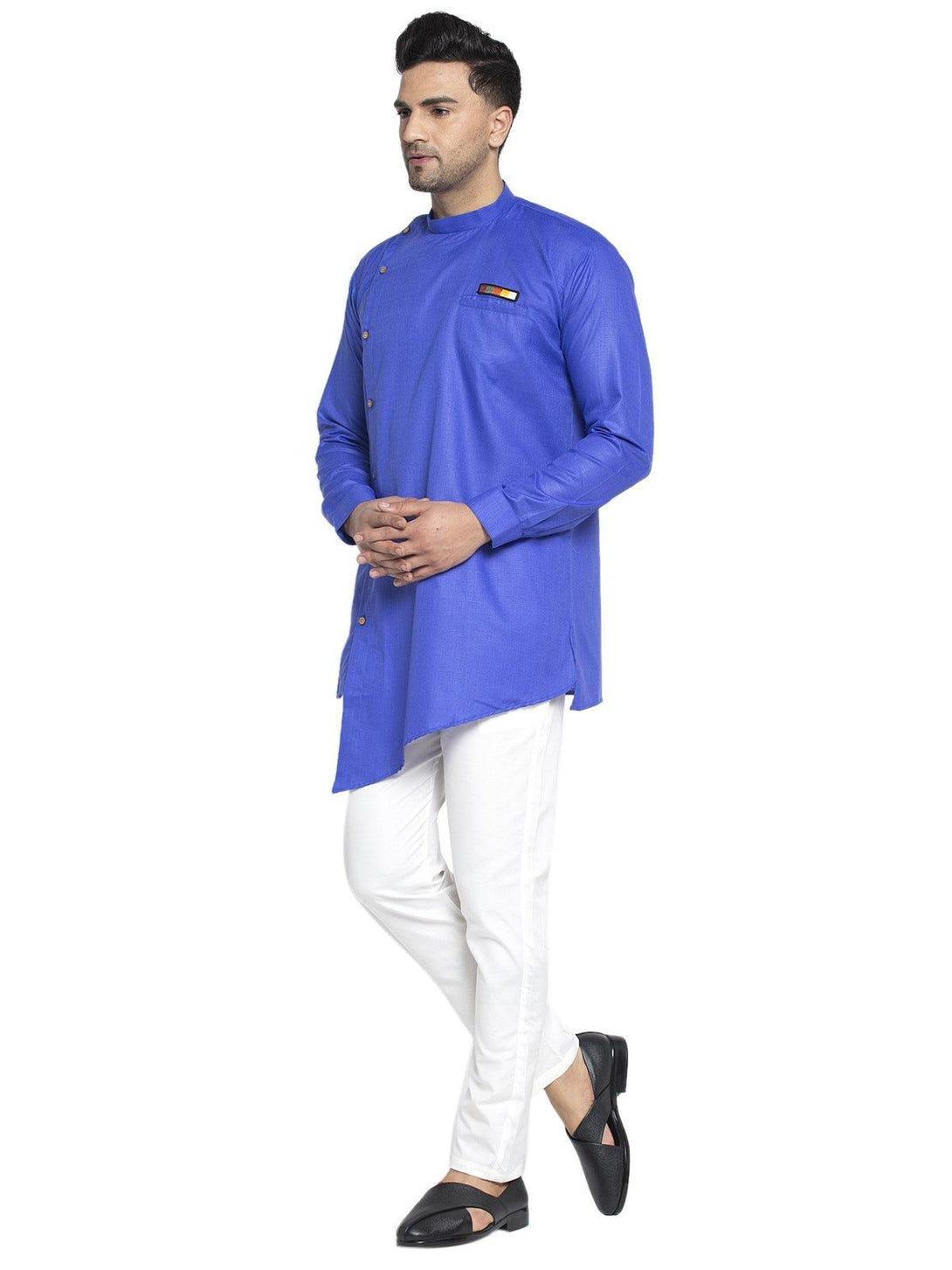 Men's Cotton Royal Blue Asymmetric Solid Kurta With White Trousers - Benstoke - Indiakreations